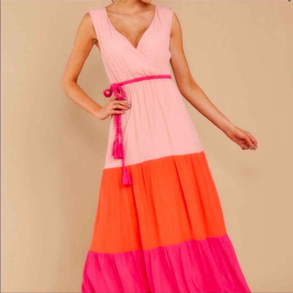 NWOT Flying Tomato Pink & Orange Tie-Waist Tiered Maxi
